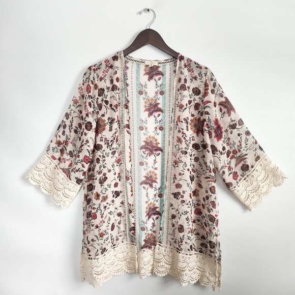 Mason & Belle Kimono Cardigan Medium Floral Crochet Lace Trim Boho Open Front - Picture 2 of 7